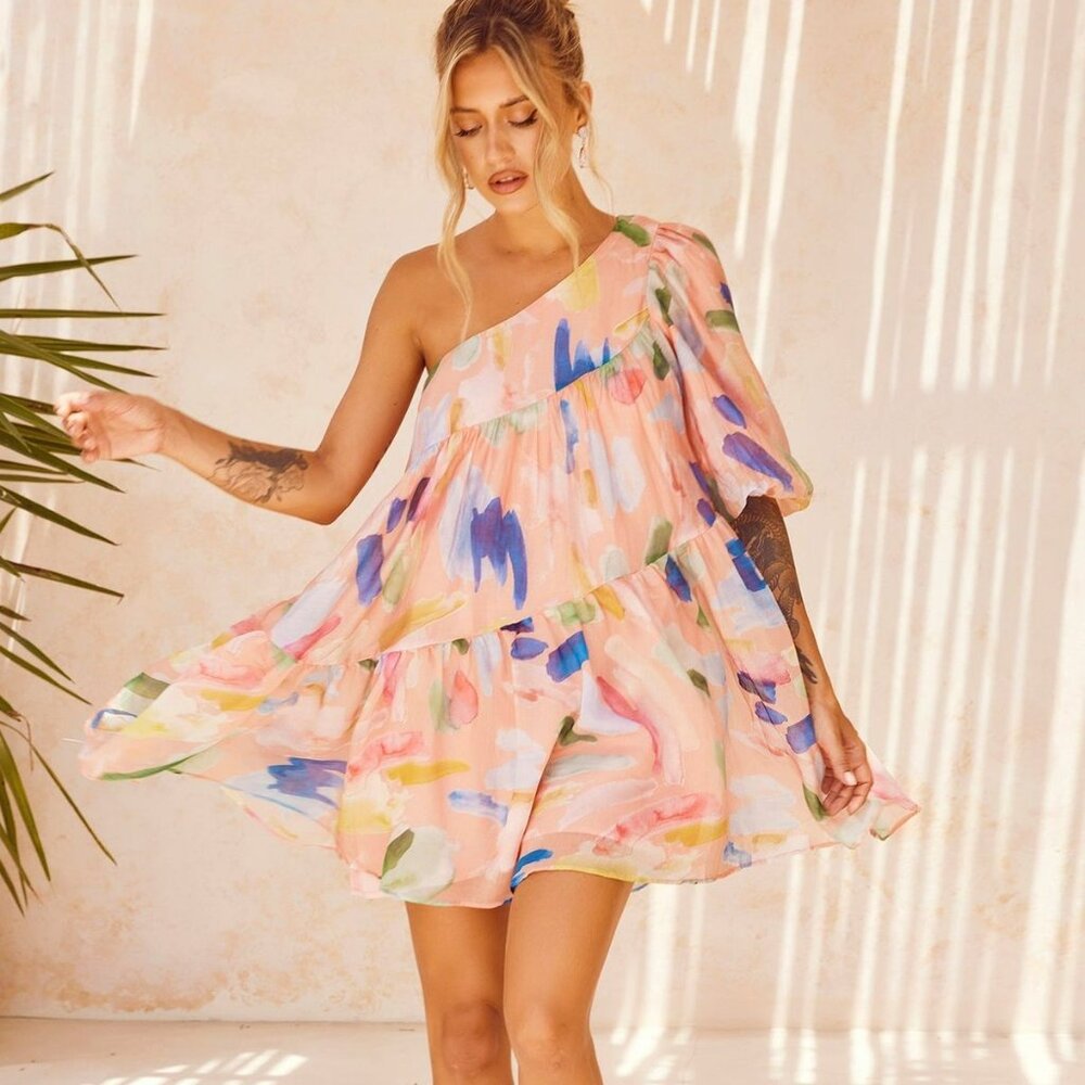 Adorable & Flirty One-Sleeve Puffy Mini Dress - Size S